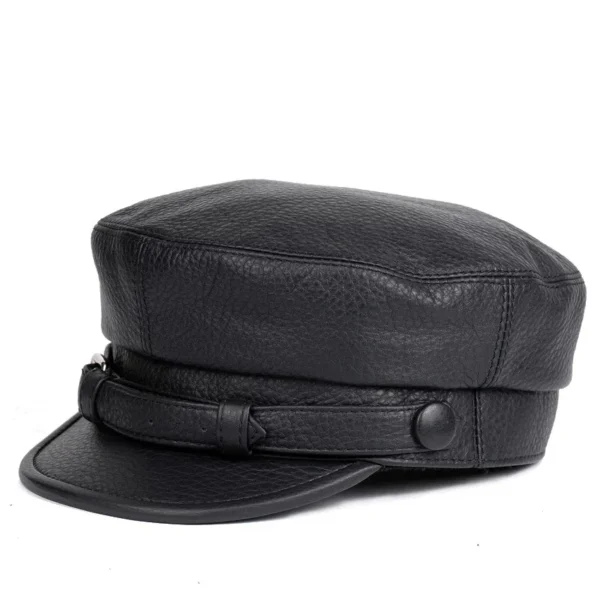 Black Leather Effect Military Cap - Image 2