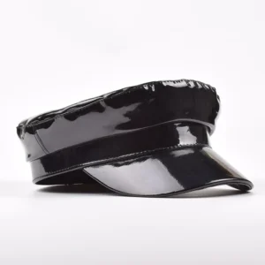 Glossy Black Leather-Effect Newsboy Cap