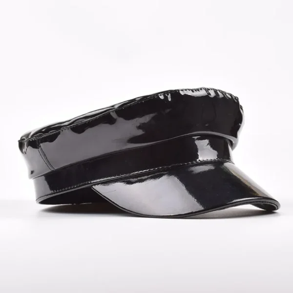 Glossy Black Leather-Effect Newsboy Cap